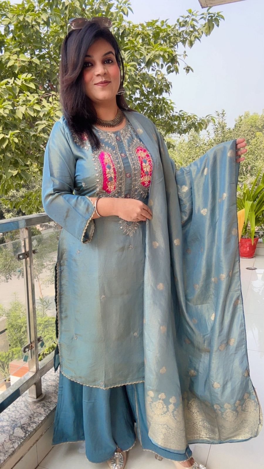 Slate Blue Silk Suit with Pink & Gold Yoke Embroidery