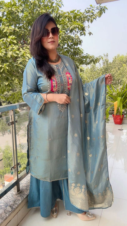 Slate Blue Silk Suit with Pink & Gold Yoke Embroidery