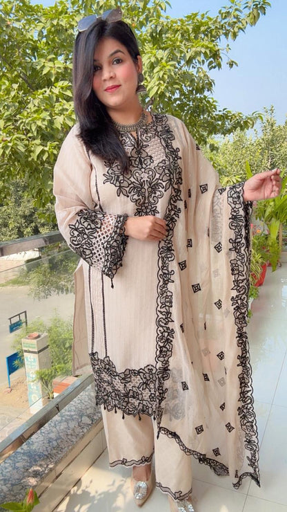 Embroidered Beige Kurta Set