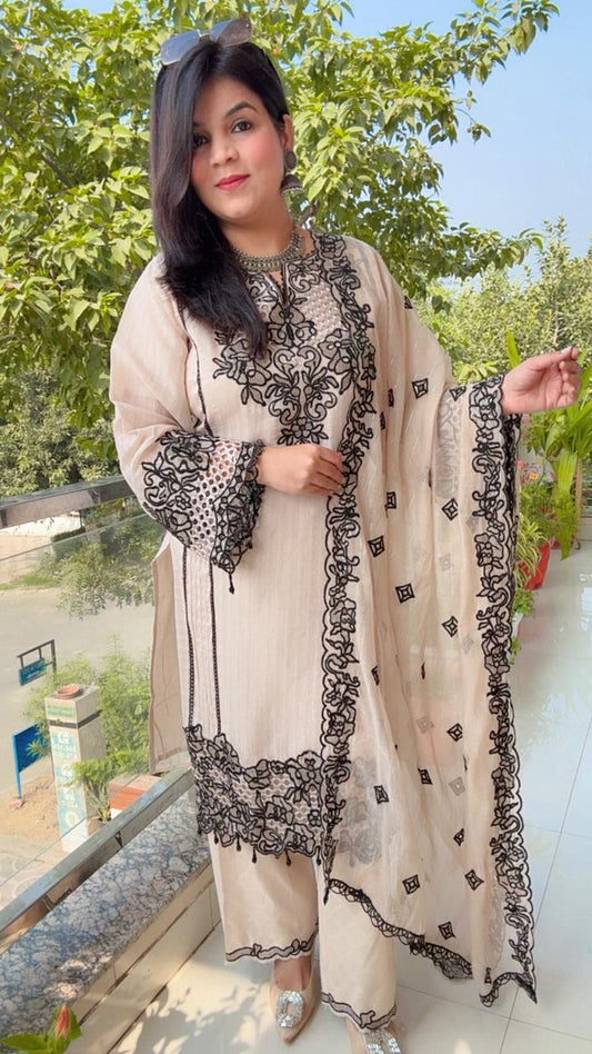 Embroidered Beige Kurta Set