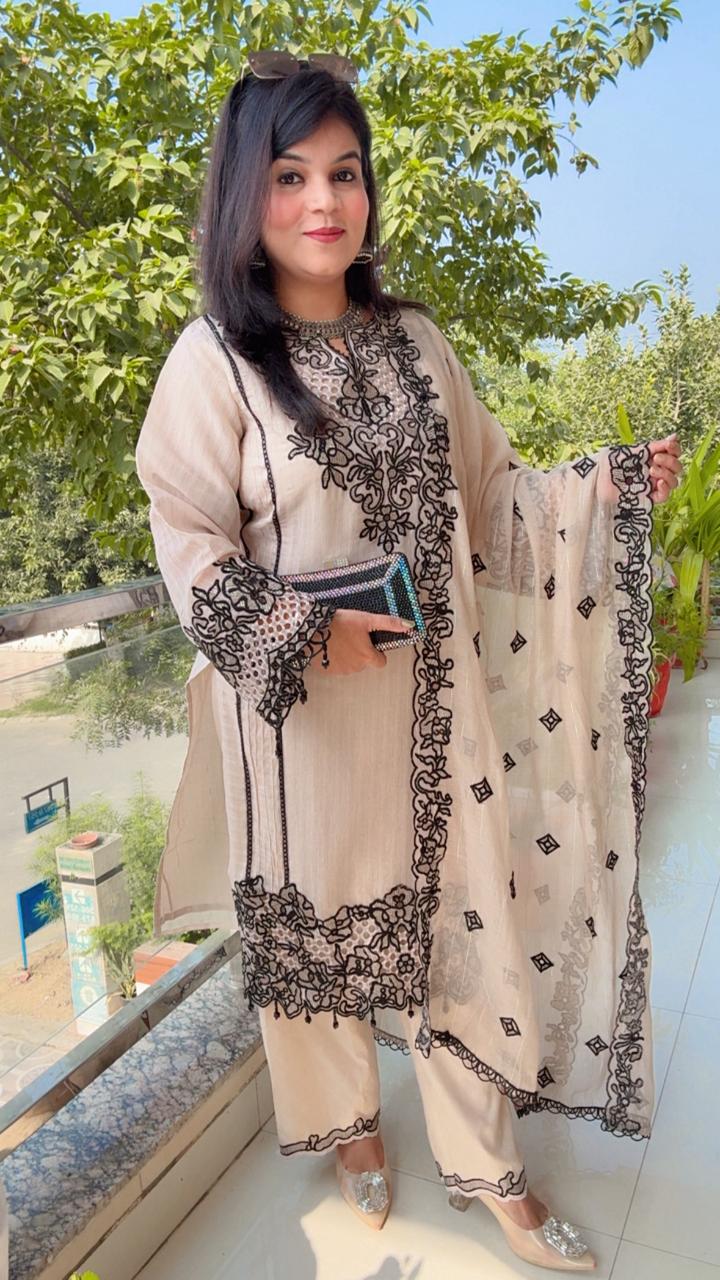 Embroidered Beige Kurta Set
