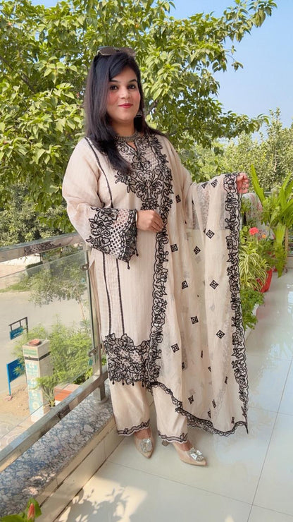 Embroidered Beige Kurta Set