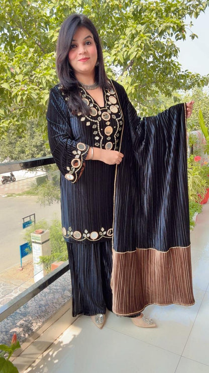 Blue Velvet Mirror Work Suit