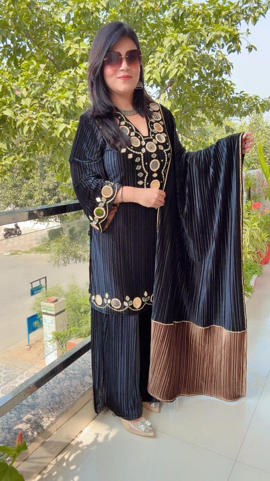 Blue Velvet Mirror Work Suit