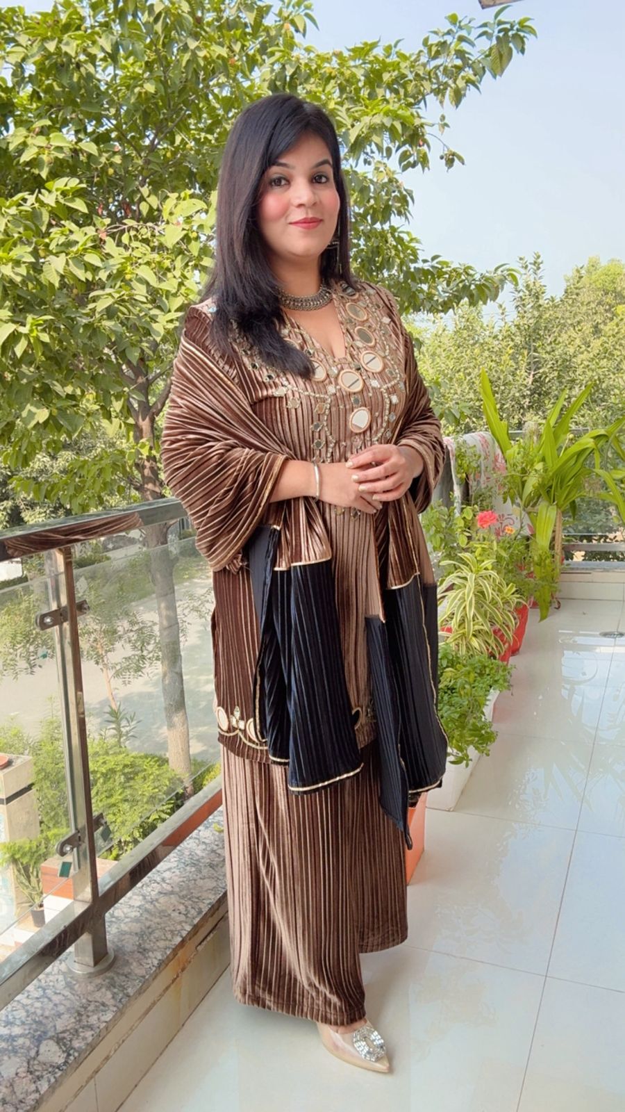 Two-Tone Velvet Mirror Work Ensemble