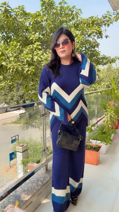 Chevron Knit Co-ord Set in Blue Tones