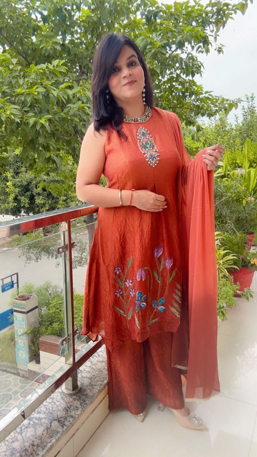 rust kurti and palazzo pant