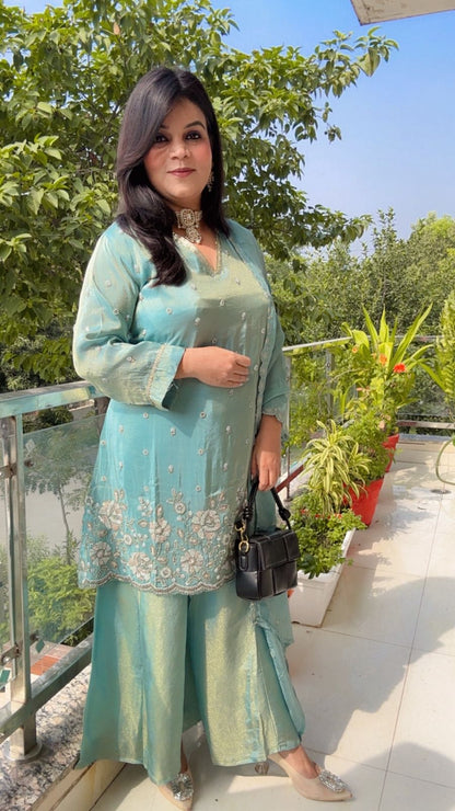 White or silver floral embroidery suit with Tissue Shimmer Silk