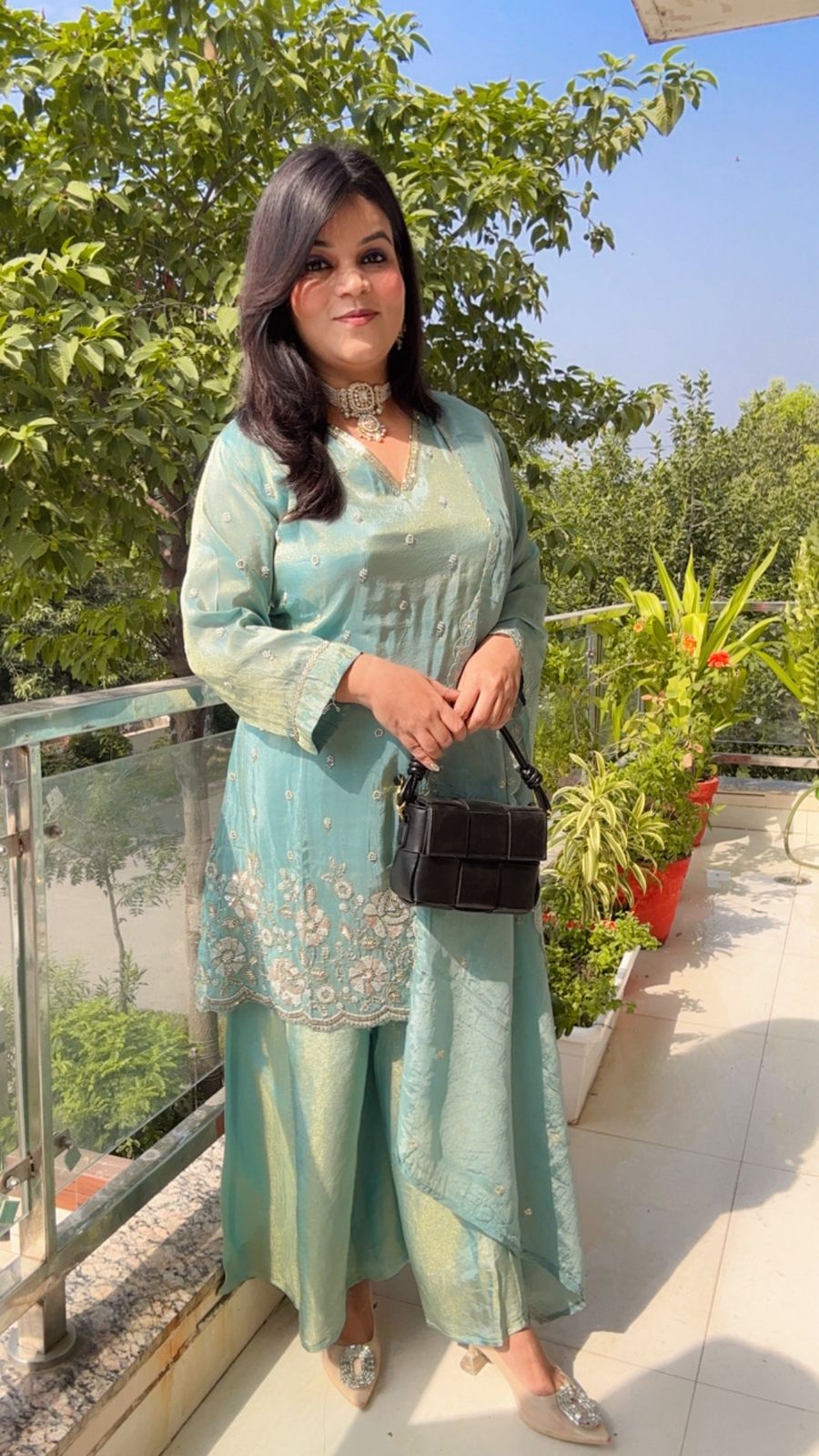 White or silver floral embroidery suit with Tissue Shimmer Silk