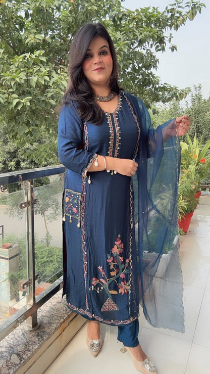 Deep Navy Blue Suit with Detailed Multi-Color Embroidery