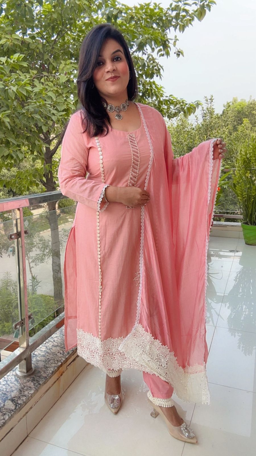 Soft Pink Cotton Suit with Contrast White Lace Detailing