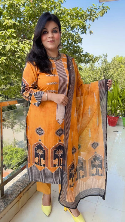 Artistic Mustard Block Print Kurta Set