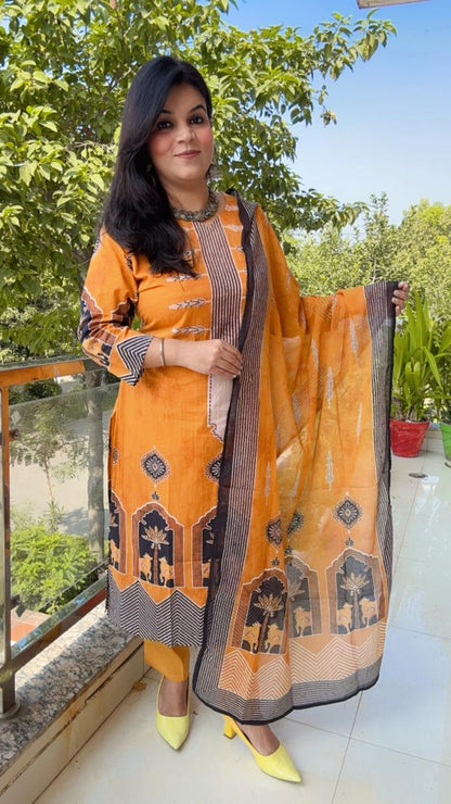 Artistic Mustard Block Print Kurta Set