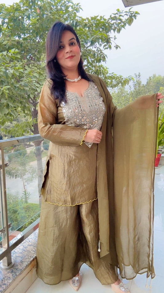 Mehndi Green Crushed Silk Suit with Mirror Work Yoke