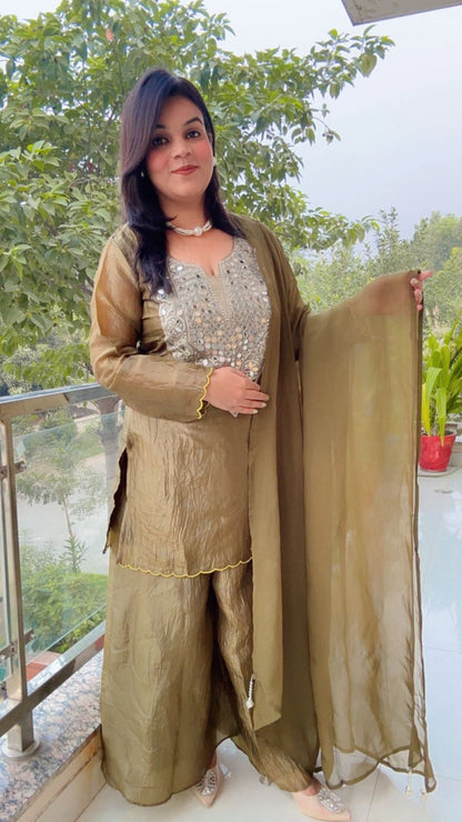 Mehndi Green Crushed Silk Suit with Mirror Work Yoke