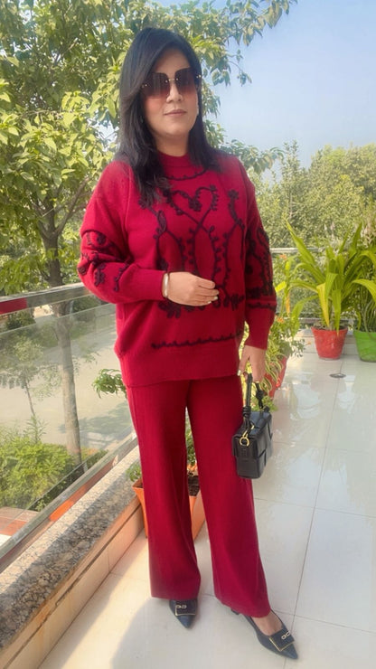 the Maroonvknit co-ord set with the abstract/studded pattern.