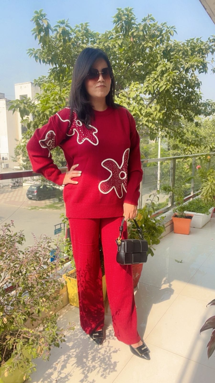 the Maroonvknit co-ord set with the abstract/studded pattern.