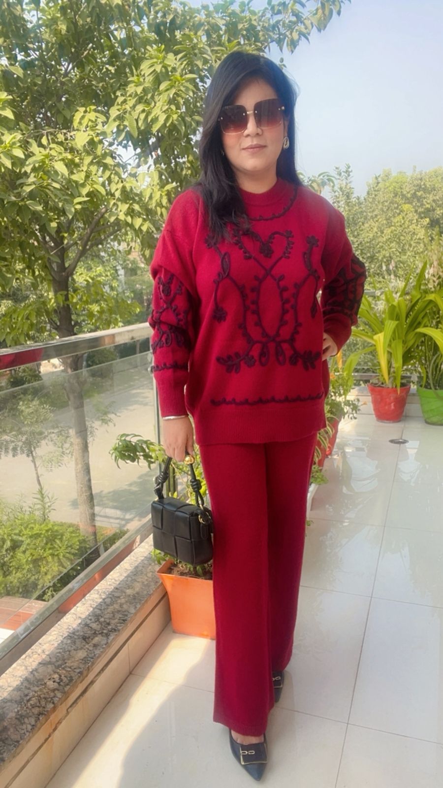 the Maroonvknit co-ord set with the abstract/studded pattern.