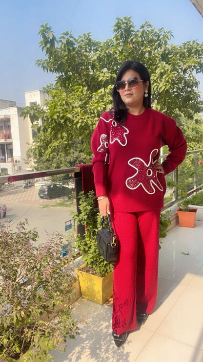 the Maroonvknit co-ord set with the abstract/studded pattern.