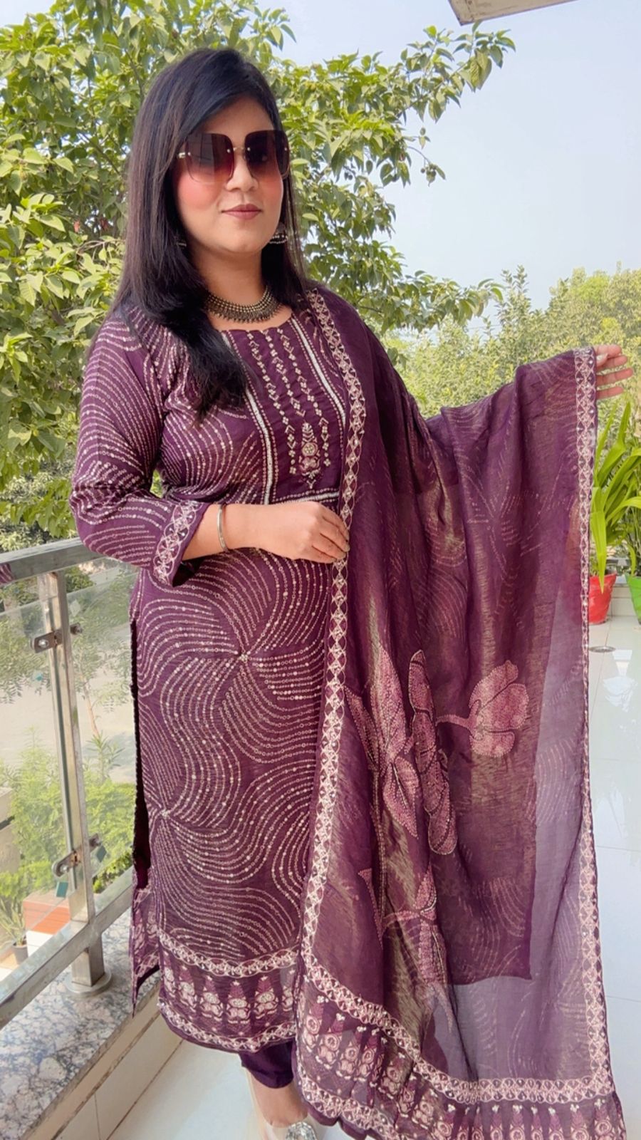 Deep Plum Foil Print Kurta Set with Border Detailing