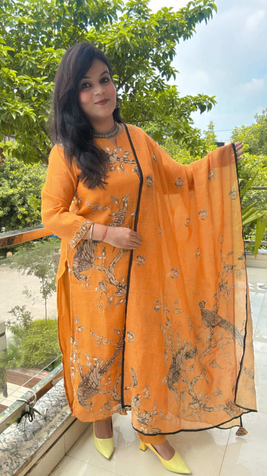 Yellow linen silk suit