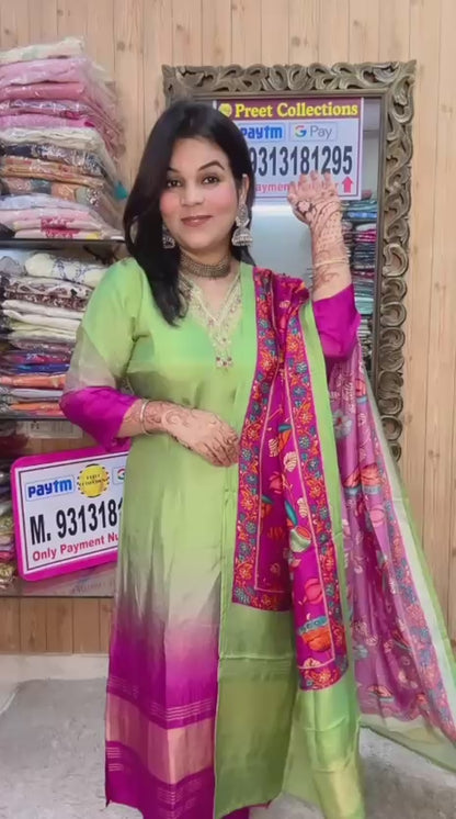 green and pink silk suit