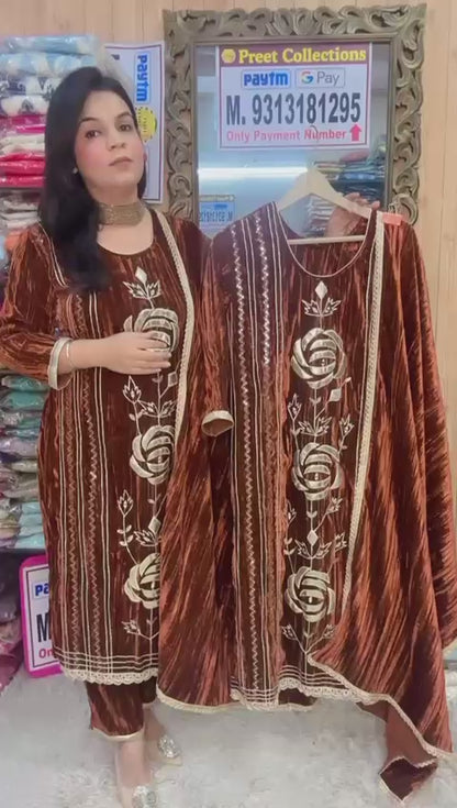 Luxurious Brown Velvet Embroidered Suit Set