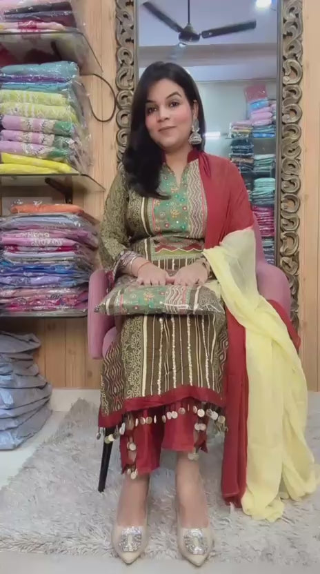 Brown with golden prints and teal-green embroidery suit