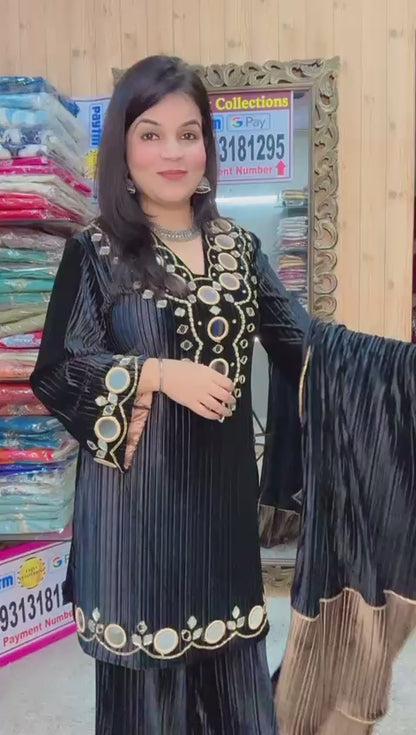 Blue Velvet Mirror Work Suit