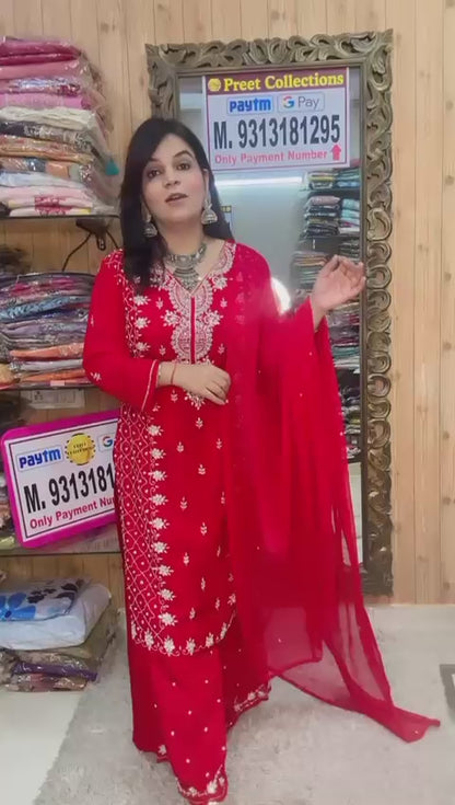 red handwork with palazzo suit