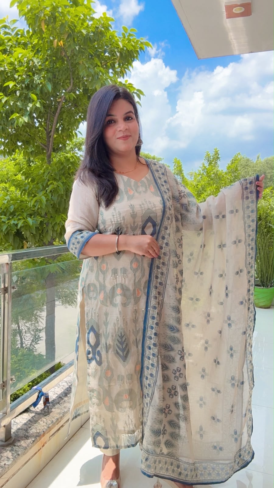 Cream and Blue Linen Silk suit
