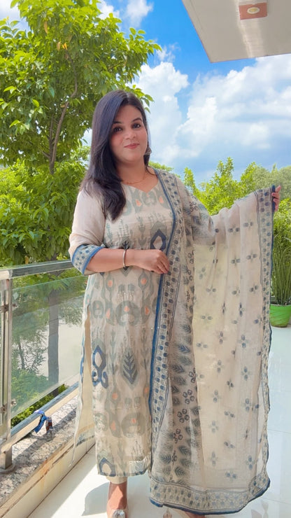 Cream and Blue Linen Silk suit