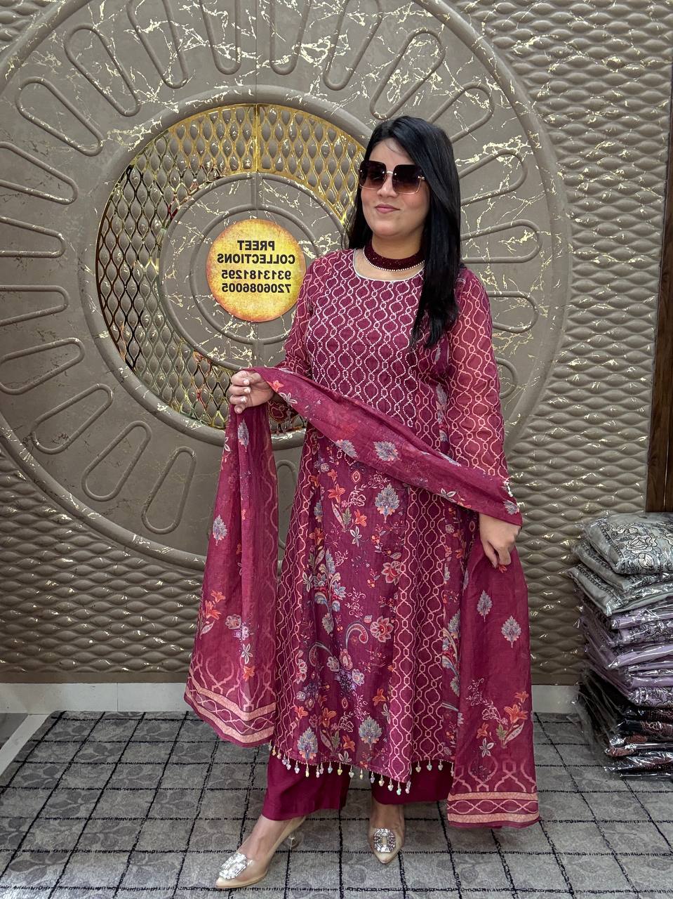 Maroon Anarkali Printed Mal Silk Suit