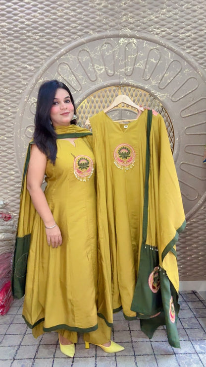 Mustard Yellow With bottle green Mal Silk Suit