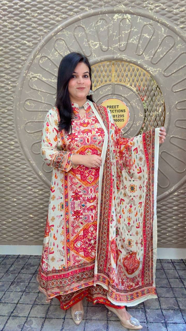 White And Red Floral Print Crepe Suit Set