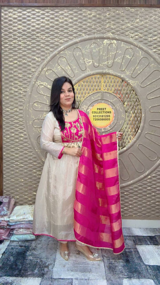 Pink & White Organza Silk Anarkali