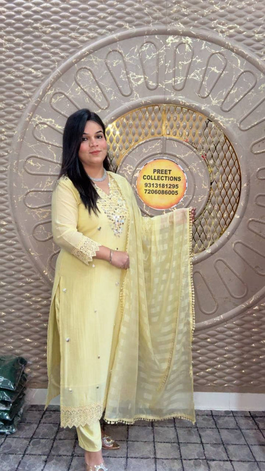 Yellow Cream Emblished Suit