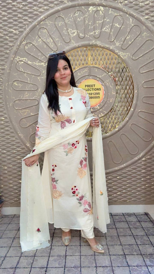 White Floral Embroidered Suit Set