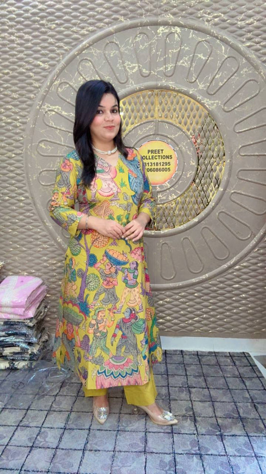 A yellow Kalamkari Printed Cotton Cord-Set