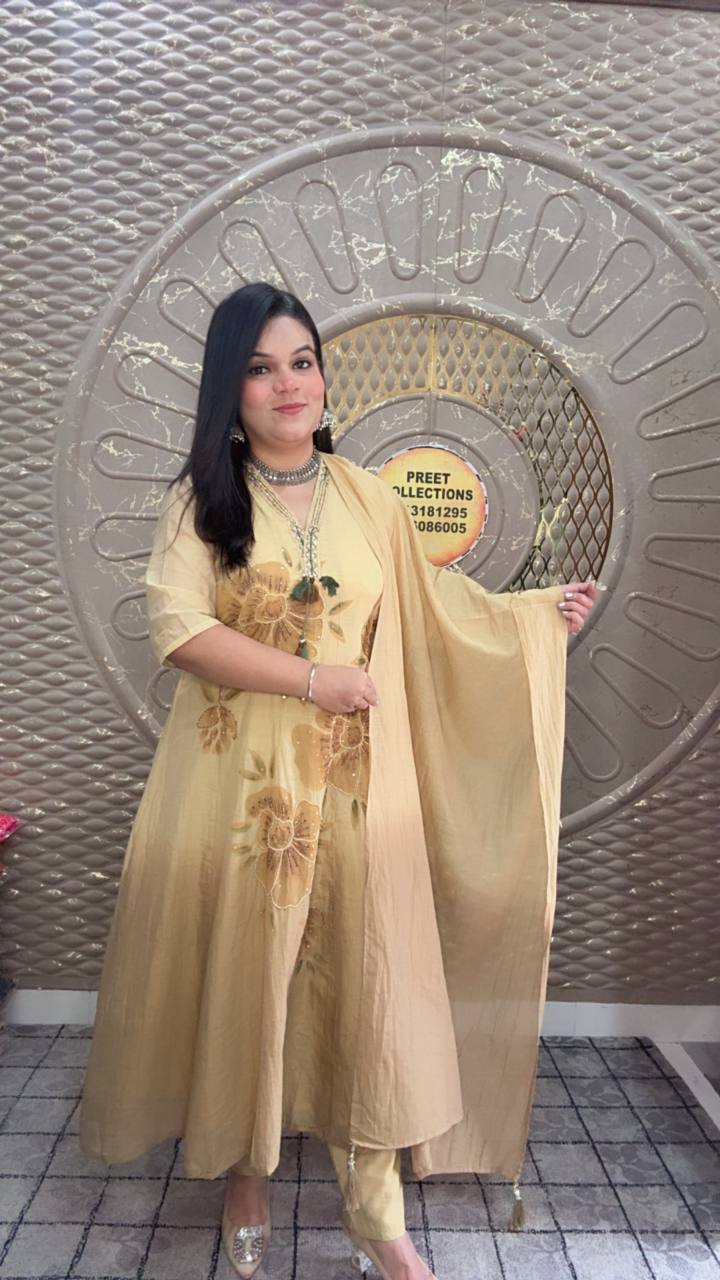 mustered Anarkali Mal Chanderi Suit