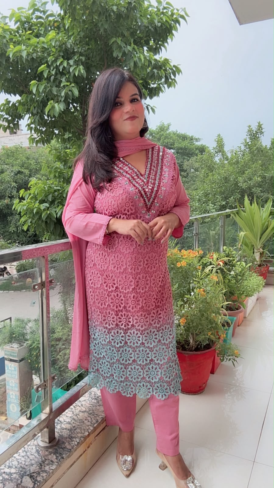 Pink And Grey Patterned Crochet Cotton Suit
