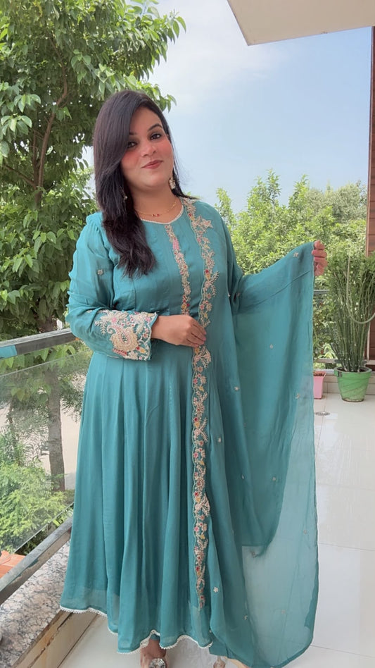 Teal Blue Chinnon Anarkali Suit