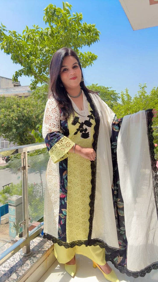 Schiffli Pakistani-style suit set featuring a contrasting Black And White floral dupatta