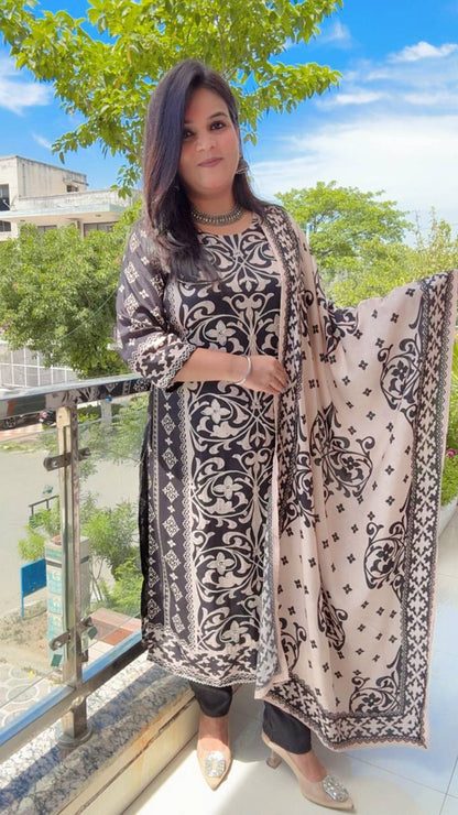 Black And Beige Muslin Printed Suit