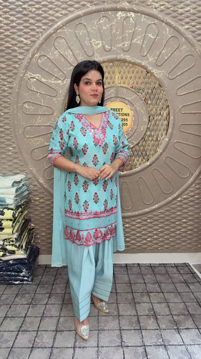 Light Blue Crepe Farshi Salwar With Pink Embroidery