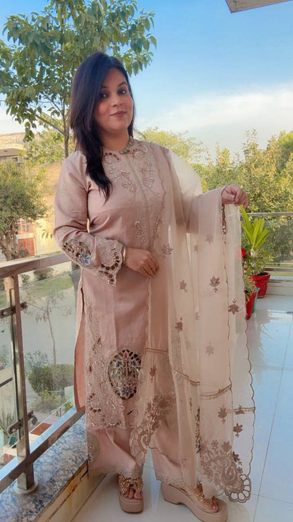 Cream Cotton silk embroidered