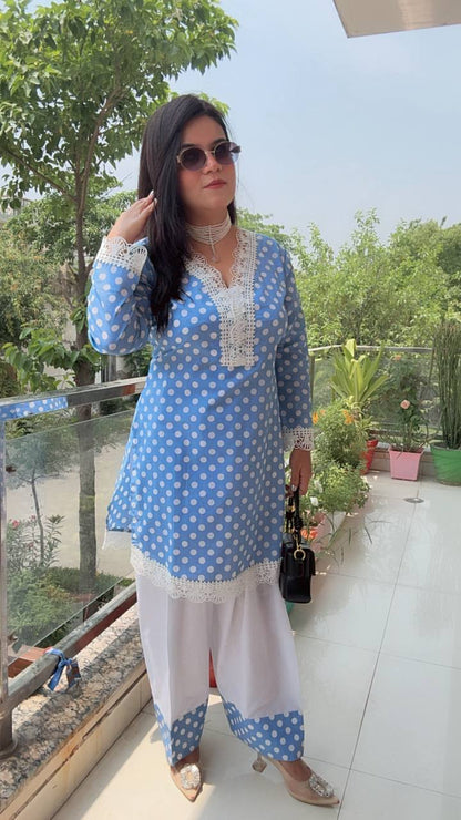 White And Blue Polka Dot Detailing Cotton Cord-Set