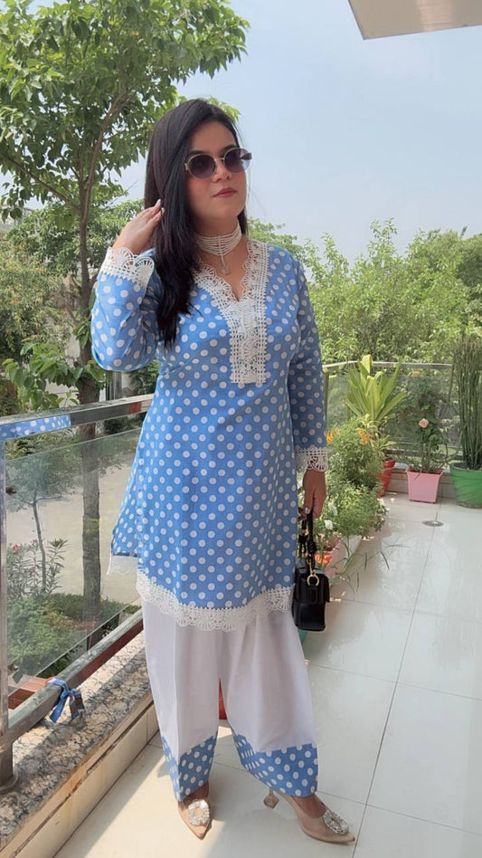White And Blue Polka Dot Detailing Cotton Cord-Set