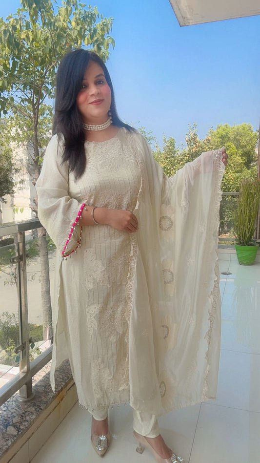 Ivory shimmer Silk suit With Pom Pom