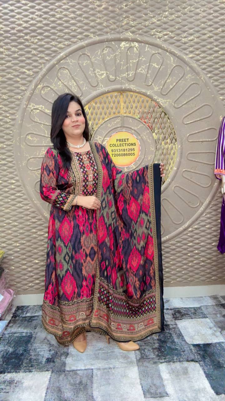 A Designer Printed Anarkali Crepe Suit